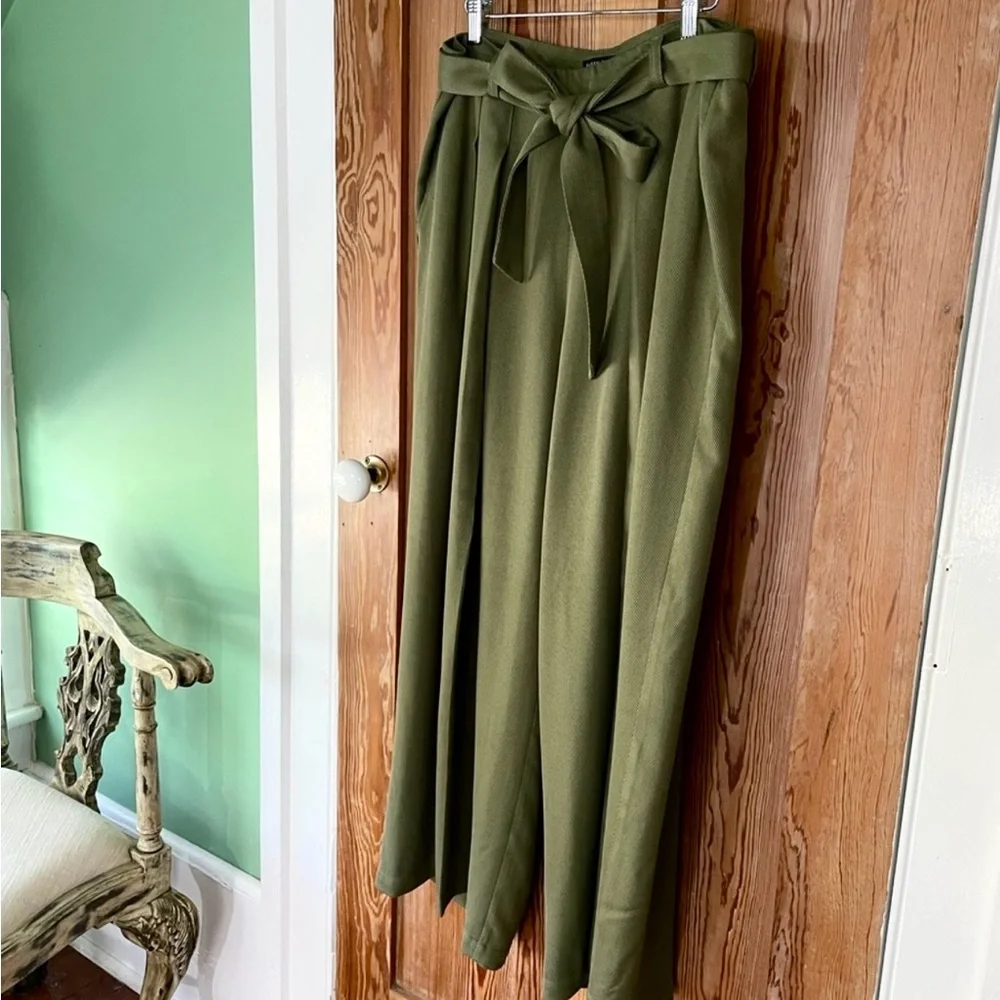 Eileen Fisher Heavy Tencel Twill Tie Waist Wide Leg Olive Pants - Sz 12💛🎀